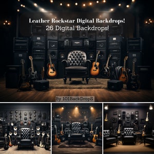 May include: A collection of 26 digital backdrops featuring a leather armchair, guitars, and amplifiers in a dark room. The backdrops are ideal for musicians, photographers, and graphic designers. Leather Rockstar Digital Backdrops! 26 Digital Backdrops! By 101BackDrops.