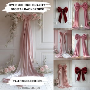 Può includere: Un collage di sfondi digitali con grandi fiocchi rosa e rossi. Gli sfondi sono perfetti per la fotografia di San Valentino. Il testo "Over 100 High Quality Digital Backdrops! Valentines Edition By 101BackDrops" è visualizzato nella parte inferiore dell'immagine.