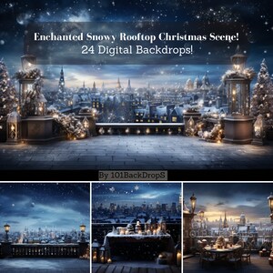May include: A snowy rooftop scene with a city skyline in the background. The scene is lit by string lights and lanterns. There are trees and snow on the ground. The scene is perfect for a Christmas backdrop.