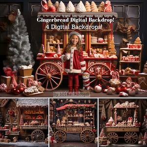 Gingerbread Digital Backdrop, Christmas Digital Background, Christmas Candy Shop Cart, Phogtography Overlay for Toddler, Kids, Pets.