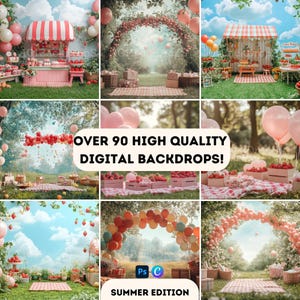 May include: A collage of digital backdrops with a summer picnic theme. The images feature pink and white balloons, strawberries, picnic baskets, and decorative arches. Text reads "OVER 90 HIGH QUALITY DIGITAL BACKDROPS!" and "SUMMER EDITION."