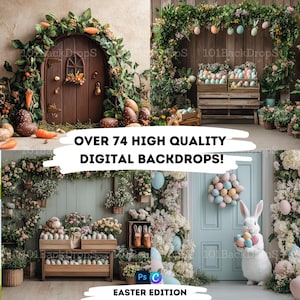 以下が含まれることがあります： イースターをテーマにした4つの異なるシーンが描かれたデジタル背景セット。シーンには、緑の葉と卵のリースが飾られたドア、緑の葉と卵のリースが飾られた木製ベンチ、緑の葉と卵のリースが飾られた木製棚、緑の葉と卵のリースが飾られた青いドアが含まれています。画像には、「OVER 74 HIGH QUALITY DIGITAL BACKDROPS!」と「EASTER EDITION」のテキストも含まれています。