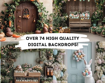 May include: A digital backdrop set featuring four different Easter-themed scenes. The scenes include a doorway with a wreath of greenery and eggs, a wooden bench with a wreath of greenery and eggs, a wooden shelf with a wreath of greenery and eggs, and a blue door with a wreath of greenery and eggs. The text "OVER 74 HIGH QUALITY DIGITAL BACKDROPS!" and "EASTER EDITION" are also included in the image.
