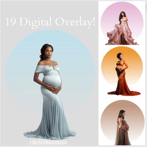 May include: 19 Digital Overlay! A pregnant person wearing a light blue maternity gown stands in front of a light blue circle. The person is holding their belly with both hands. The image is surrounded by three circles with different colored backgrounds: pink, orange, and brown. Each circle features a pregnant person wearing a different colored maternity gown.
