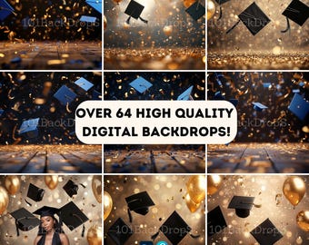 May include: A collage of graduation-themed digital backdrops. The images feature graduation caps, gold balloons, and confetti against a bokeh background. Text reads "OVER 64 HIGH QUALITY DIGITAL BACKDROPS!" and "OTHERS EDITION".