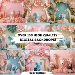 Pastel Jungle Safari Baby Backdrop - Pink Safari Theme - Digital Download for Baby Photoshoots - Cute Animal Nursery Background