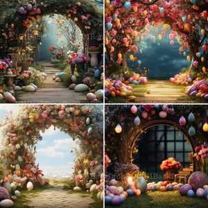 Könnte beinhalten: Ein digitaler Hintergrund mit vier verschiedenen Szenen mit bunten Ostereiern und floralen Bögen. Die Szenen beinhalten einen Weg, der durch einen Garten führt, einen Weg, der durch einen Wald führt, einen Weg, der zu einer Lichtung führt, und einen Weg, der zu einem dunklen Raum führt.