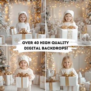Könnte beinhalten: Vier digitale Hintergründe mit einem Kind in einem weißen Winteroutfit, das eine verpackte Geschenkbox vor einem weißen und goldenen Weihnachtshintergrund mit funkelnden Lichtern hält. Der Text "Über 40 hochwertige digitale Hintergründe!" wird in der Mitte des Bildes angezeigt.