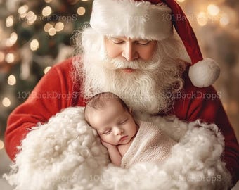 May include: Santa Claus in a red suit with a white beard holds a sleeping baby wrapped in a white blanket. The background is a blurry image of a Christmas tree with lights.