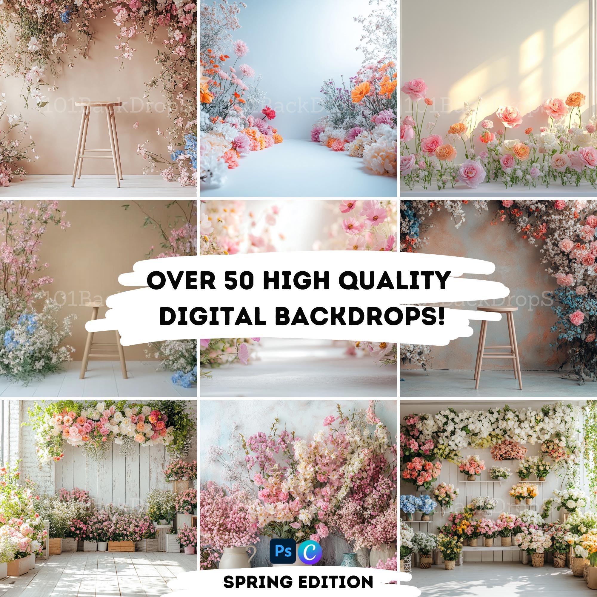 Bundle of 50 Springtime Whimsy Digital Backdrops, Easter Photo Props ...