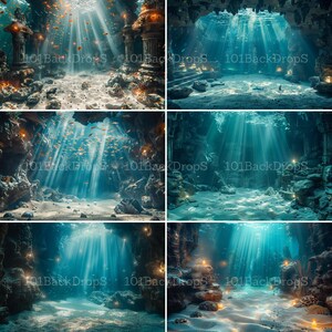 May include: A digital backdrop featuring four underwater scenes with light beams shining through the water. The scenes include a stone archway, a sandy bottom, and a rocky cave. The scenes are perfect for use as a background for photos or videos.