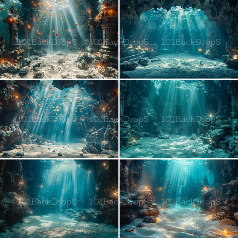 May include: A digital backdrop featuring four underwater scenes with light beams shining through the water. The scenes include a stone archway, a sandy bottom, and a rocky cave. The scenes are perfect for use as a background for photos or videos.