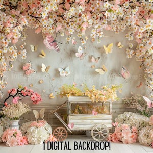 May include: A digital backdrop featuring a white wooden cart filled with pink and yellow flowers, surrounded by pink and white flowers. The background is a light gray wall with a floral garland and butterflies.