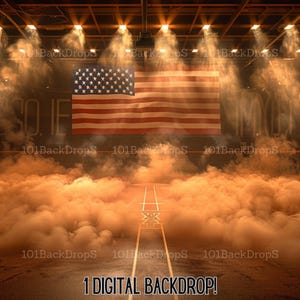 May include: A digital backdrop featuring an American flag hanging in a gymnasium with spotlights and smoke. The flag is red, white, and blue with stars on the blue field. The gymnasium floor is brown and has a white line down the center.