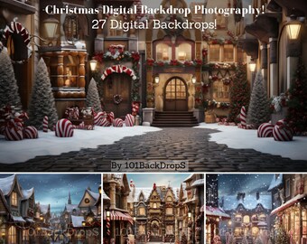 Christmas Digital Backdrop Photography, Enchanted Sweet Candycane Village Background, Fantasy Christmas Overlay Template for Kids, Toddlers