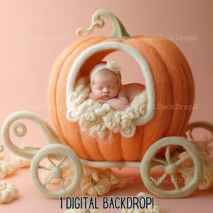 Magical Halloween Pumpkin Baby Carriage Backdrop for Newborn Photos - Whimsical Autumn Photoshoot Prop - Digital Download