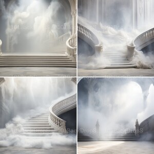 Puede incluir: Una escalera de m&aacute;rmol blanco con una barandilla blanca, rodeada de una niebla blanca. La escalera est&aacute; en una habitaci&oacute;n grande y blanca con un techo alto. La niebla es espesa y gira, creando una atm&oacute;sfera m&iacute;stica.
