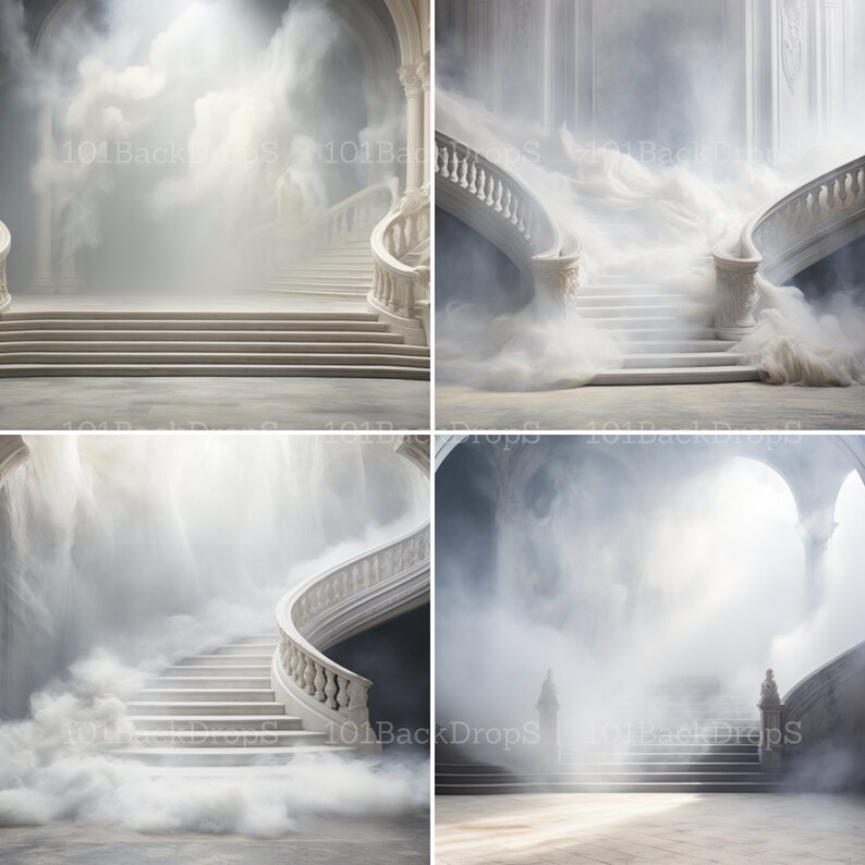 Puede incluir: Una escalera de m&aacute;rmol blanco con una barandilla blanca, rodeada de una niebla blanca. La escalera est&aacute; en una habitaci&oacute;n grande y blanca con un techo alto. La niebla es espesa y gira, creando una atm&oacute;sfera m&iacute;stica.