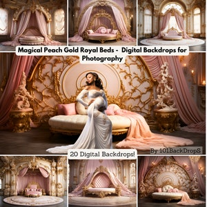 May include: A set of 20 digital backdrops featuring a peach gold royal bed with pink drapes in a luxurious, ornate room. The backdrops are ideal for photography and can be used for a variety of purposes, such as newborn, maternity, or family portraits.