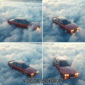 Puede incluir: Imagen de cuatro paneles que muestra un coche sedán rojo flotando en un mar de nubes. Los faros del coche están encendidos. El texto "4 DIGITAL BACKDROP!" está en la parte inferior. La marca de agua "101BackDrops" se repite.