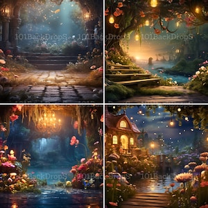 May include: Four digital backgrounds featuring a whimsical forest scene with glowing lights, flowers, and a small cottage. The first background shows a stone path leading to a set of stairs. The second background shows a wooden bench and a river. The third background shows a chandelier hanging from a tree branch. The fourth background shows a small cottage with a bridge and a river.