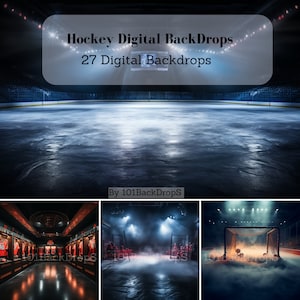 May include: A set of 27 digital hockey backdrops for use in photography. The backdrops feature a variety of scenes, including an empty ice rink, a locker room, and a hockey net with fog. The backdrops are ideal for creating realistic hockey photos.
