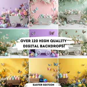 110+ Easter Backdrops Bundle – Colorful Spring Cart with Easter Eggs & Flowers – High-Resolution Digital Download – Perfect for Photoshoots