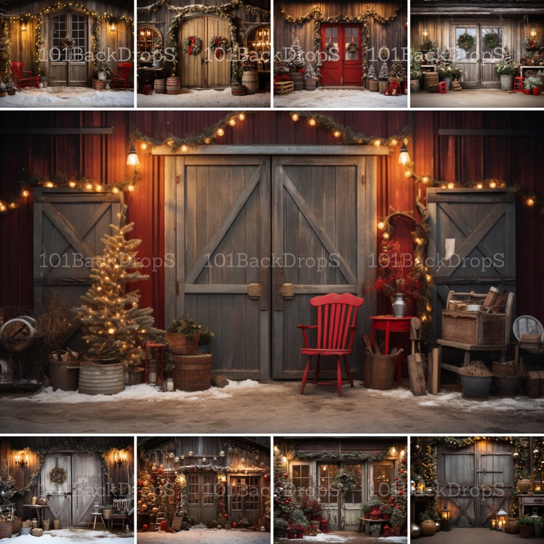 Christmas Barn Doors Digital Backdrops, Studio Backdrops Holiday Winter ...