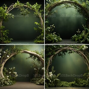 Pode incluir: Quatro cenários digitais com um arco verde e castanho com folhas e flores brancas. O arco é feito de ramos e videiras entrelaçados. O fundo é um verde e castanho desfocado.