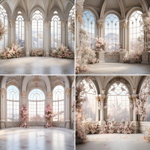 Puede incluir: Una habitaci&oacute;n blanca y adornada con grandes ventanas arqueadas y flores rosas. La habitaci&oacute;n tiene un suelo de m&aacute;rmol blanco y paredes blancas con detalles dorados. Las ventanas dan a un paisaje pintoresco.