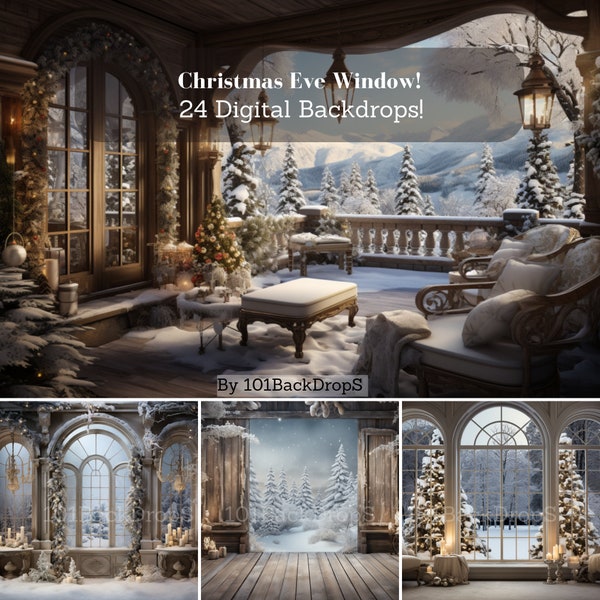 Christmas Eve Window Digital Backdrops, Studio Backdrops Holiday Winter, Family Kids Photography Digital Background 4k images
