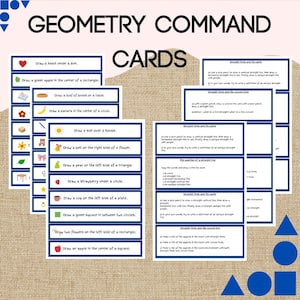 Op de afbeelding: Een set printbare geometrie-opdrachtkaarten voor kinderen. De kaarten bevatten kleurrijke illustraties van geometrische vormen en objecten, met instructies om specifieke objecten te tekenen in relatie tot de vormen. De kaarten zijn ontworpen om kinderen te helpen geometrische concepten en ruimtelijk redeneren te leren.