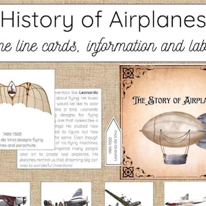 May include: A vintage-style illustration of the history of airplanes. The image features a timeline card with a drawing of Leonardo da Vinci's flying machine design, a card with a drawing of an airship, and a card with the text "The Story of Airplanes".