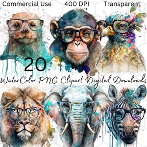 Charming Watercolor Animals with Glasses Clipart - 20 Transparent 400 DPI Images for Commercial Use - Instant Download, Creative Graphics