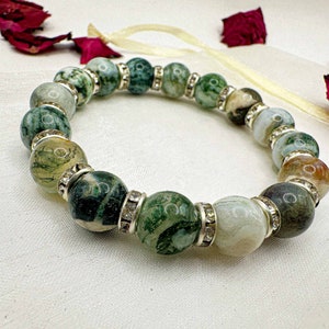 Bedazzled Tree Agate 10mm Gemstone Bracelet, Handmade Stretch Bracelet