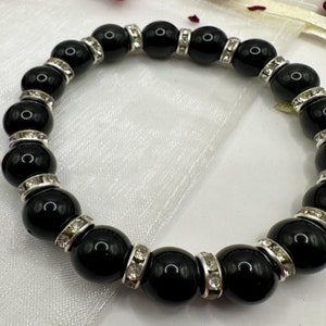 Bedazzled Black Obsidian 10mm Gemstone Bracelet, Handmade Stretch Bracelet