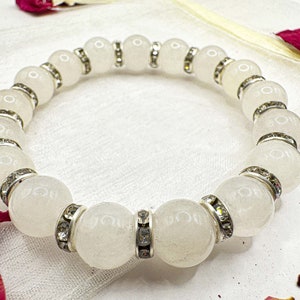 Bedazzled White Jade 10mm Gemstone Bracelet, Handmade Stretch Bracelet