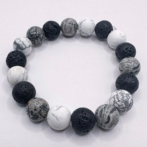 Cookie Crunch Cereal White and Black 10mm Gemstone Bracelet, Handmade Stretch Bracelet