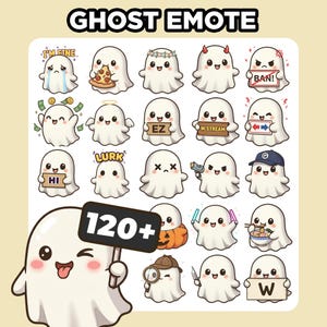 May include: A selection of cartoon ghost emotes with different expressions and accessories. The image features ghosts with pizza, money, signs, and weapons. The text "GHOST EMOTE" is at the top, and a ghost holds a sign that says "120+".