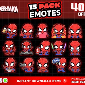 May include: A collection of 15 Spider-Man emotes in various poses, including holding a beer, giving a thumbs up, and holding a heart. The image includes the text "15 PACK EMOTES" and "40% OFF".