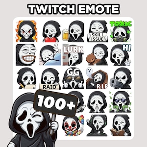 Pode incluir: Um conjunto de emotes do Twitch com um personagem em uma túnica preta com capuz e uma máscara branca com várias expressões e adereços. Os emotes incluem texto como "TOXIC", "LURK" e "GG". A imagem também inclui o texto "TWITCH EMOTE" e "100+".