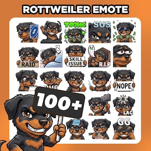 Puede incluir: Una colección de emotes digitales de cachorro Rottweiler con diversas expresiones y acciones, incluyendo texto como TOXIC, SUS, RAID, SKILL ISSUE, R.I.P, NOPE, LAG, GG y 100+. El cachorro negro y fuego se muestra en diferentes poses.