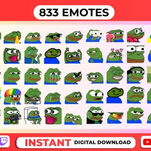 May include: A digital download graphic featuring numerous green frog emotes with diverse expressions. The image includes the text "833 EMOTES" and "INSTANT DIGITAL DOWNLOAD" on a pink and red background, suitable for online use.