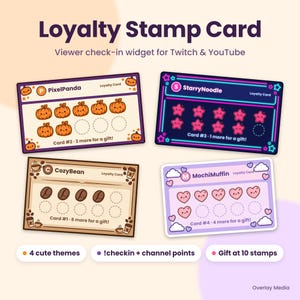 May include: Four digital loyalty stamp cards for Twitch and YouTube featuring themes with pumpkins, neon stars, coffee beans, and hearts. Each card displays a username, stamp progress, and text indicating the number of stamps remaining for a gift.