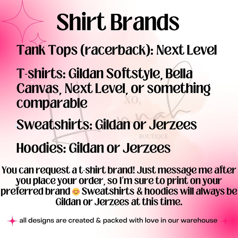 以下が含まれることがあります： 「Shirt Brands」の文字が入ったピンクと白のグラフィック。タンクトップ、Tシャツ、スウェットシャツ、パーカーのブランドをリストアップ。Next Level、Gildan Softstyle、Bella Canvas、Jerzeesなど。特定のTシャツブランドのリクエストについても言及しています。