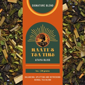 May include: A close-up of a green, brown, and orange tea blend package with the text "MAATI'S TEA TIME ATAYA BLISS" and "SIGNATURE BLEND". The package also includes the text "loz. 28 grams" and "BALANCING, UPLIFTING AND REFRESHING HERBAL TEA BLEND".