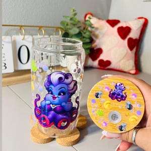 Ursula Inspired Glass Cup with Custom Lid | Sea Witch Cup | Sea Villain Cup | Mermaid Glass Cup | Gifts for Her | Sea Witch Glass |
