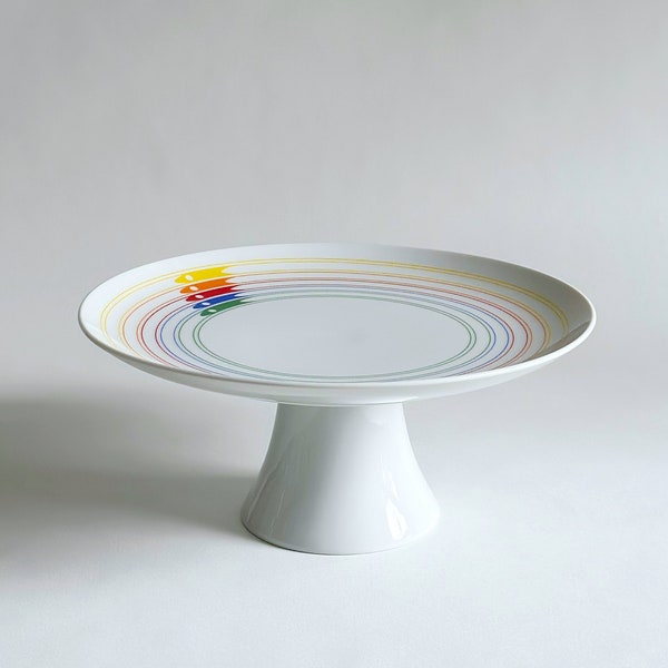 Vintage FTDA Rainbow Stripe Porcelain Cake Stand, Postmodern 1980's