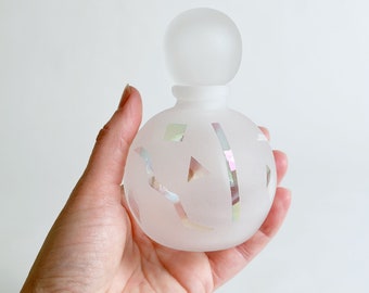 Postmodern Perfume Bottle, Hand Blown Frosted Glass, Iridescent Geometric Pattern, Vintage 1980’s