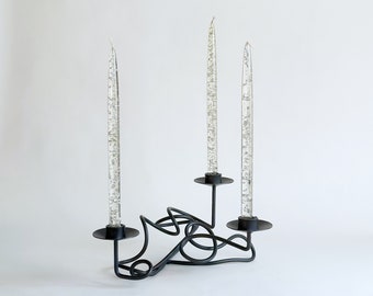 Postmodern Squiggle Candelabra, Iron Scribble Line Candle Holder, Hand Forged Metal, Vintage 1990’s